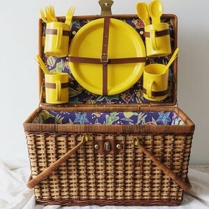 Yellow Picnic Basket Set with Utensils